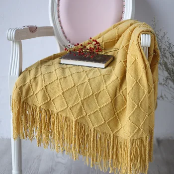 

Acrylic fibers knitted blanket for sofa bed yellow pink green grey colors optional large size 127*170cm
