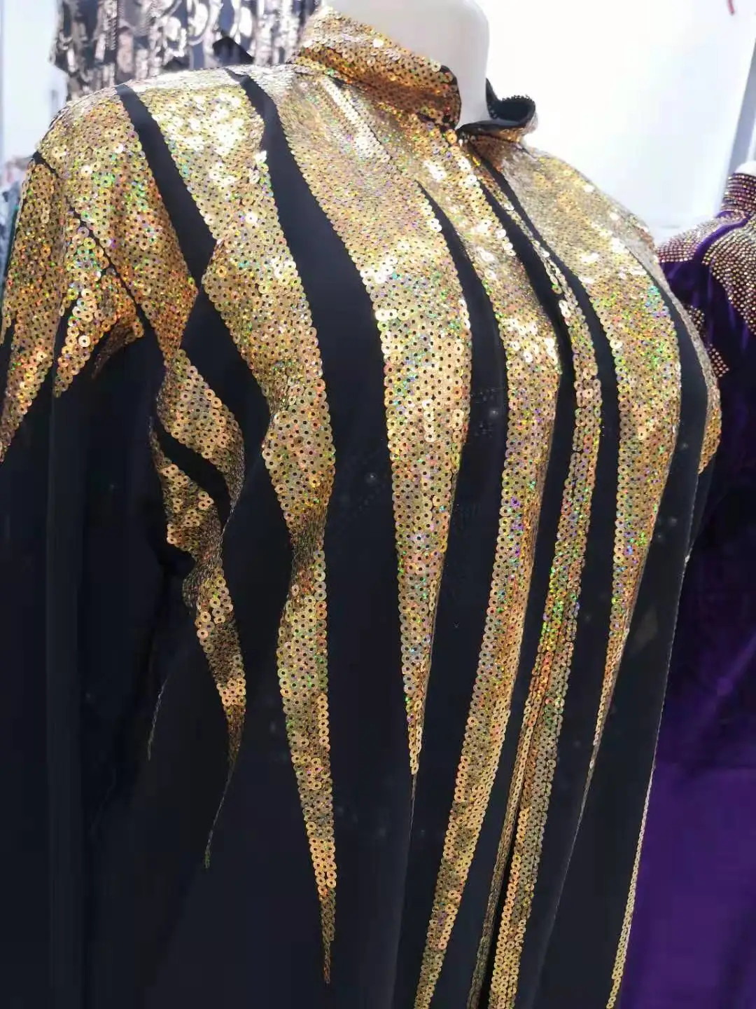 New African Women's Dashiki Fashion Abaya Stylish Chiffon Sleeve Golden Sequin Loose Long Coat Dress Black Free Size african pants