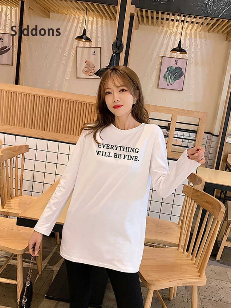 

Siddons Cotton Long Sleeve WomenT-Shirt Female White Versatile Bottoming Shirt Medium Length Loose Korean Top Crew Neck