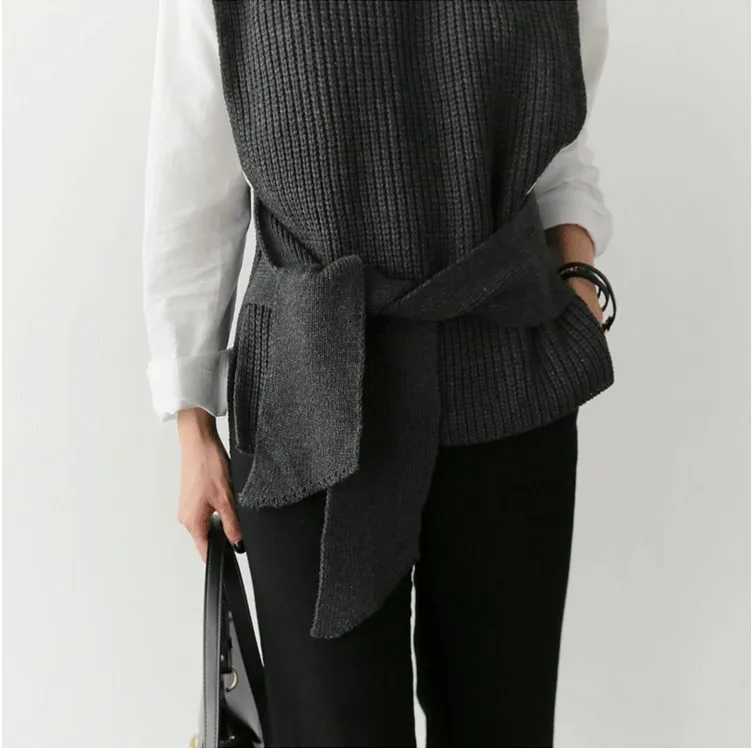 New Arrival Lace Up Sleeveless Pullover Women Knitted Sweater Solid Office Lady Vest Fashion Casual Female Sweaters Vest DS50856