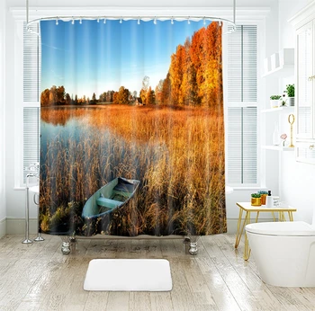 

3d Natural Golden Leave and Boat Autumn Scenery Shower Curtains Waterproof Thickened Bath Curtains for Bathroom Customizable
