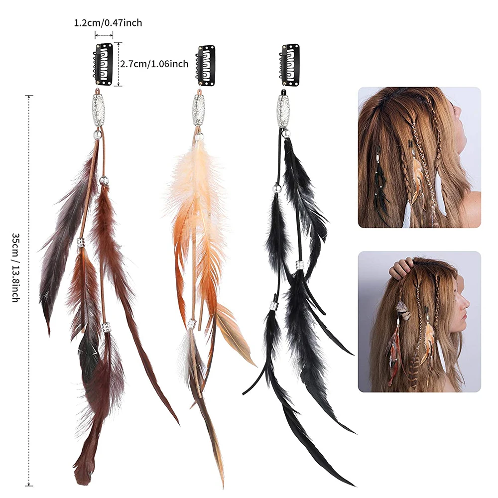 Handmade Boho Hippie Hair Extensions with Feather Clip Comb Headdress DIY Accessories for Women Gifts Valentine's Day Present