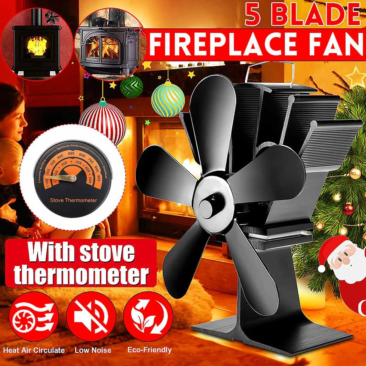 

5 Blade Heat Powered Stove Fan Black Fireplace komin Log Wood Burner Eco Friendly Quiet Fan Home Efficient Heat Distribution