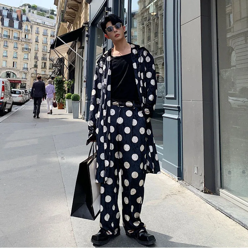 

Men 2PCS Sets (jacket+pant) Male WomenVintage Streetwear Hip Hop Polka Dot Velvet Loose Casual Long Windbreaker Trench Coat