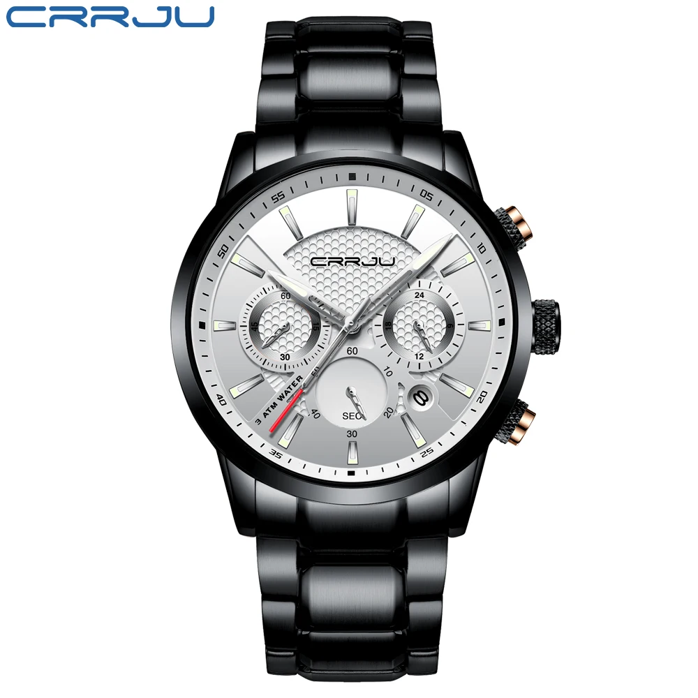 black black white Relogio Masculino, новинка, CRRJU, спортивные мужские часы с хронографом, Топ бренд, повседневные, кожаные, водонепроницаемые, с датой, кварцевые часы, мужские часы - Цвет: black black white
