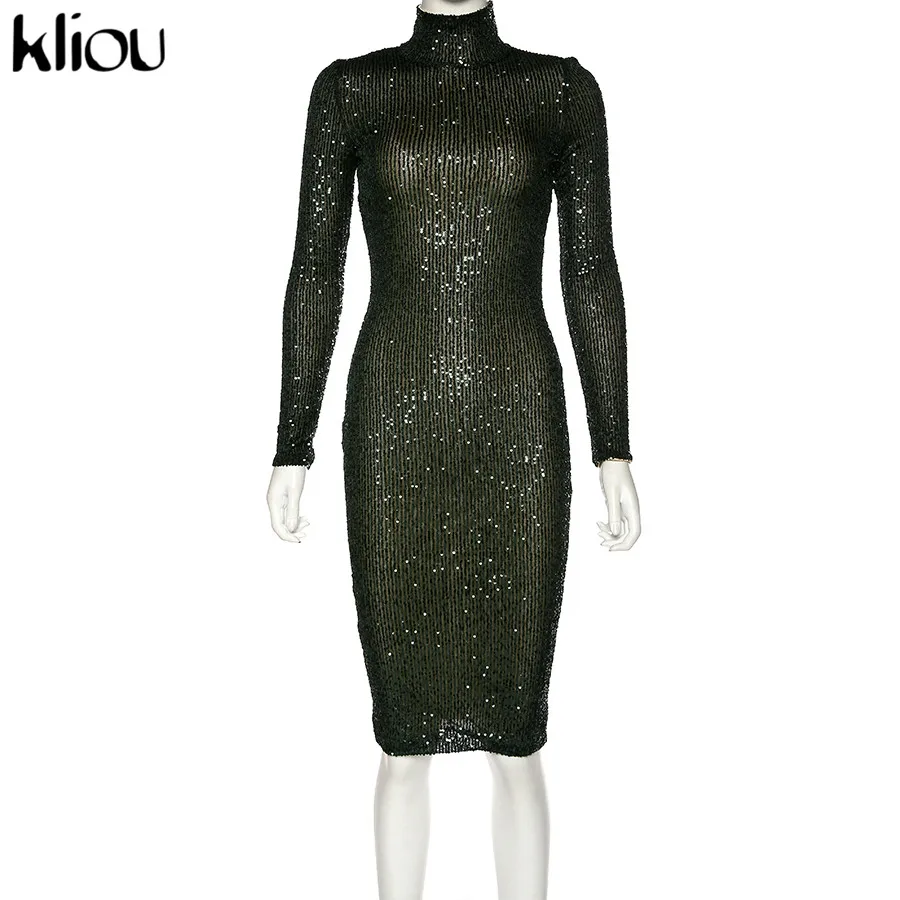 Kliou осень/зима половина водолазка с блестками украшение сексуальное Клубное тонкое до колена платье женское элегантное уличное одноцветное платье