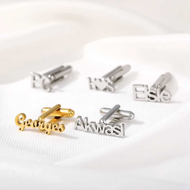 

Custom Name Cufflink light plated frosted Stainless Steel Jewelry Name Sand Blasting Cufflink for Men Fashion Charm Jewelry Gift