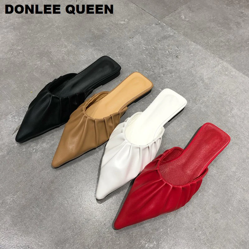 

DONLEE QUEEN Women Flat Slippers Slip On Slides Outdoor Flip Flops Brand 2020 Fashion Pleated Mule Shoes Women Slipper Chaussure