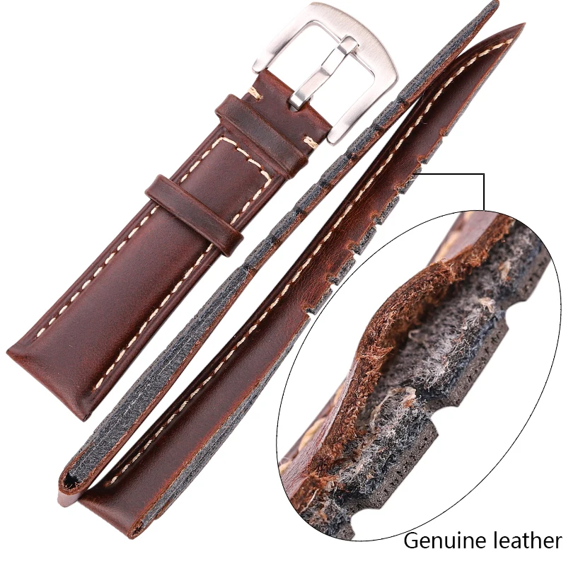 Vintage Smooth Genuine Leather Watchband with Stainless Steel Buckle - Black/Dark Brown