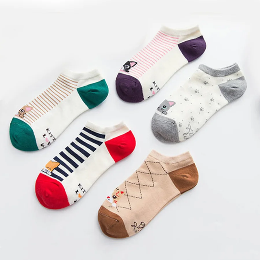 5 пар/лот, хлопковые женские носки, 7 узоров, милые, полосатые, лоскутные, цветные носки с травой, женские короткие носки, Новинка