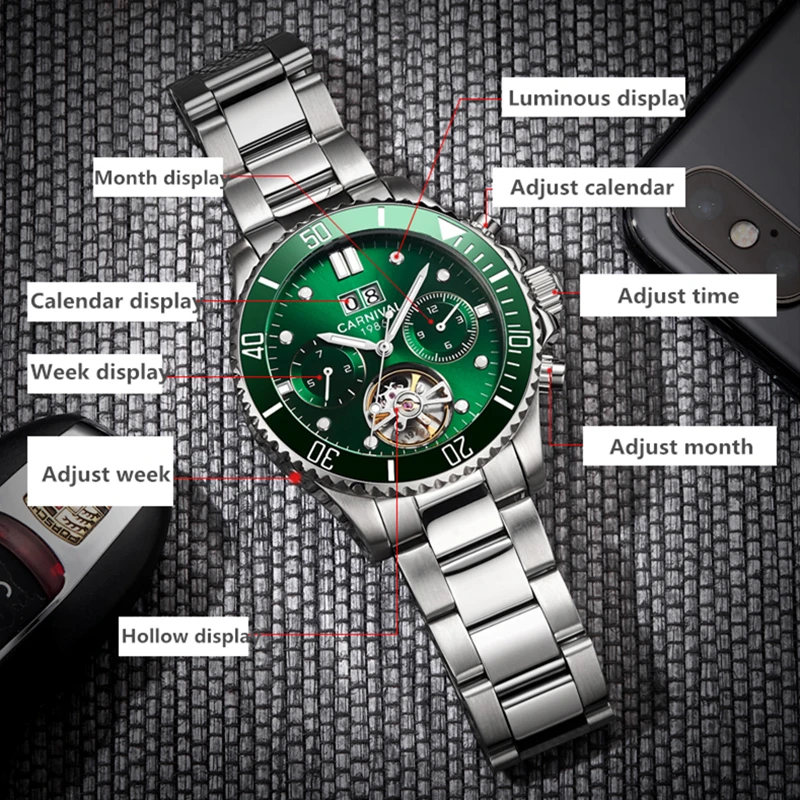 2019Carnival Tourbillon автоматические механические часы мужские часы лучший бренд класса люкс водонепроницаемые светящиеся зеленые спортивные часы relogio