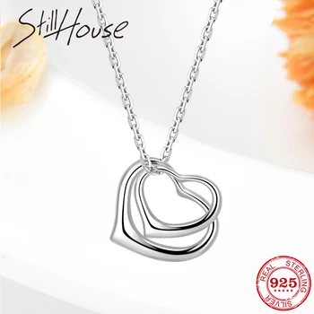 

Two hearts connected Real 925 Sterling Silver Zircon Sweet love Statement Necklace Women Silver 925 Jewelry