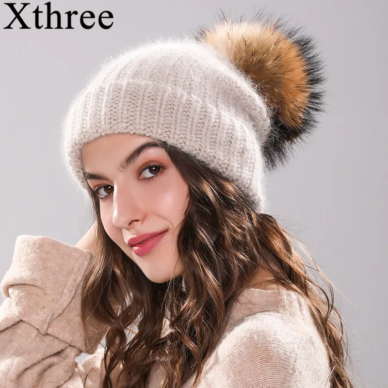 Вязаная шапка Xthree 70% из Ангорского кроличьего меха с помпоном натурального Skullie
