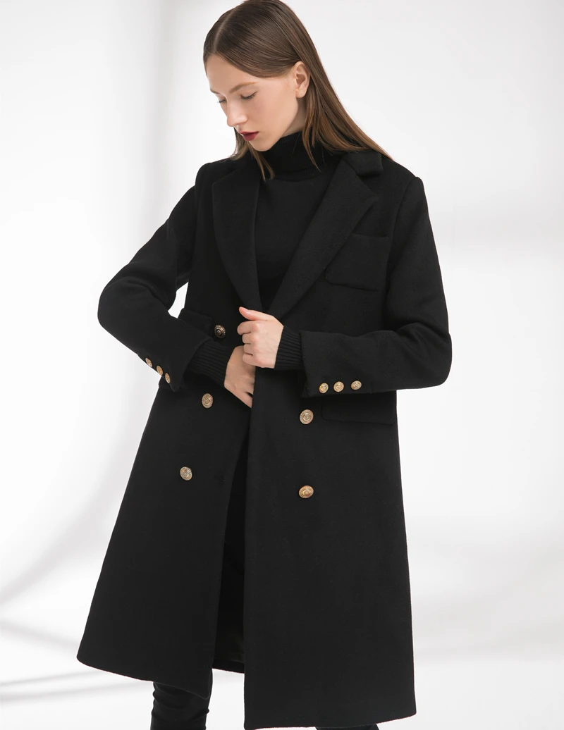 Зимнее модное двубортное шерстяное пальто для женщин, свободное черное шерстяное пальто размера плюс