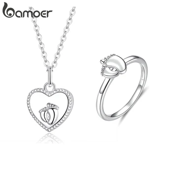 

bamoer Real 925 Sterling Silver Jewelry Set Parent-child Gift Anniversary Full Moon Heart-shaped Footprint Ring & Necklace GUS15