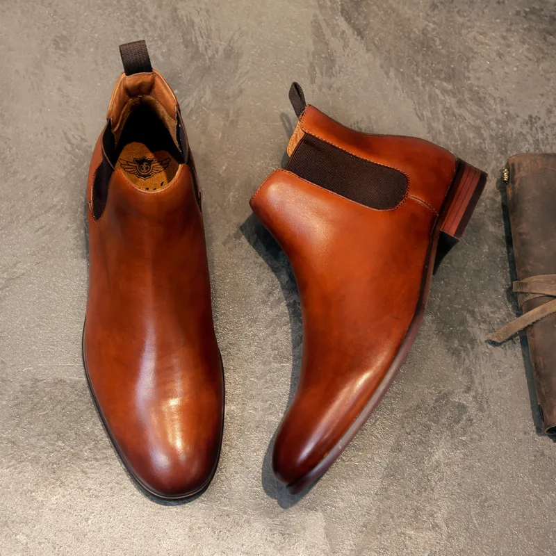 

Genuine Leather Men Chelsea Boots Large Size Shoes Full-grain Leather Retro Martin Boots Winter plus Velvet Cotton Boots