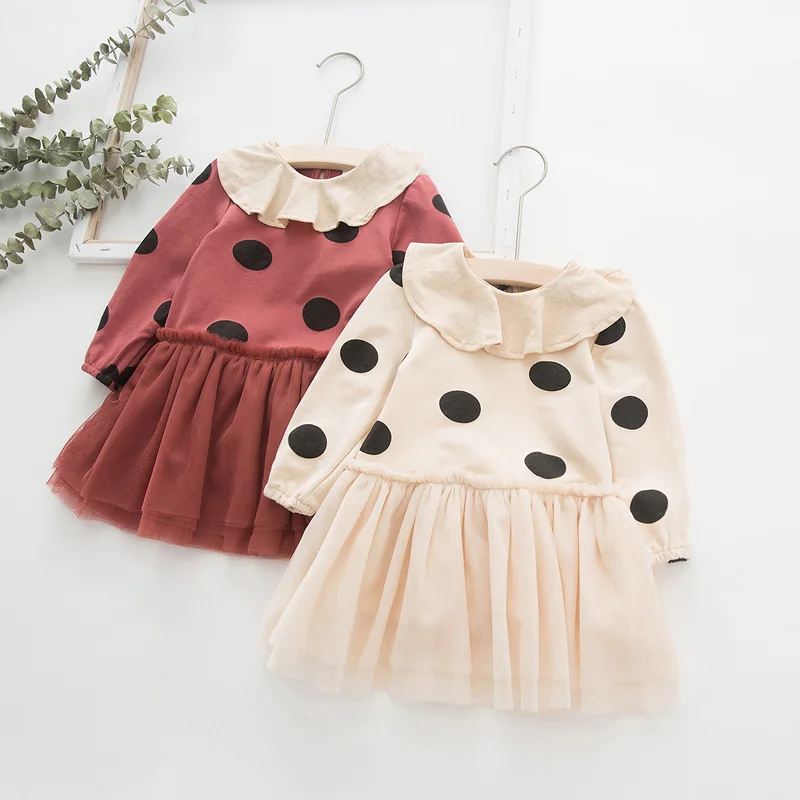 Осенние детские платья для девочек, детская одежда с длинными рукавами, платье-пачка в горошек с гофрированным воротником для девочек, школьная одежда, праздничное платье принцессы