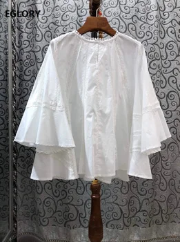 

Tops Fashion Blouses Shirt 2020 Spring Summer Cotton Blouse Women Appliques Lace Patchwork Flare Sleeve White Pink Black Shirt