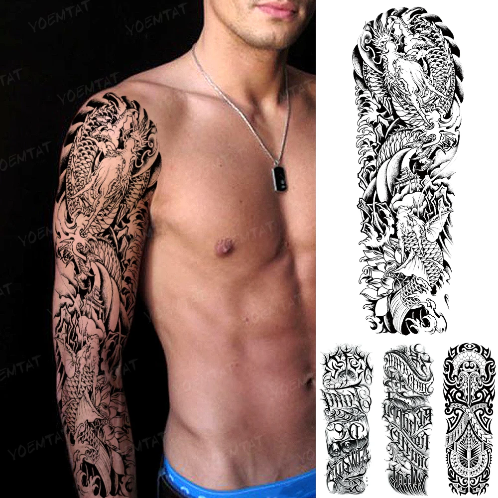 

Large Fake Sleeve Waterproof Temporary Tattoo Sticker Dragon Koi Lotus Spray Flash Tatto Japanese Traditional Body Art Man Woman