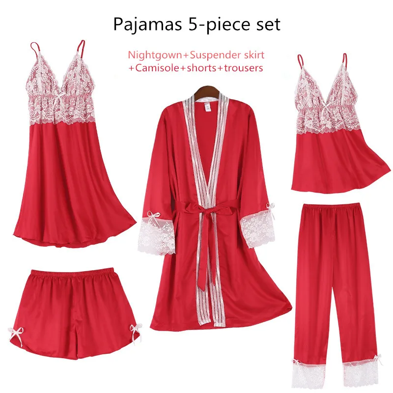 

Plus Size 2XL 2020 Women Pajamas Sets Satin Sleepwear Silk 5 Pieces Nightwear Pyjama Spaghetti Strap Lace Sleep Lounge Pijama
