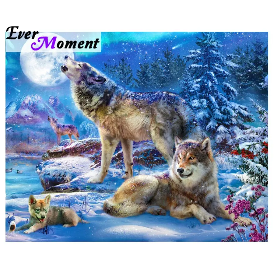 Ever Moment Diamond Painting Wolves Moon Snow Forest Scene Full Square Drills Resin Embroidery Mosaic Handicrafts 4Y157 | Дом и сад