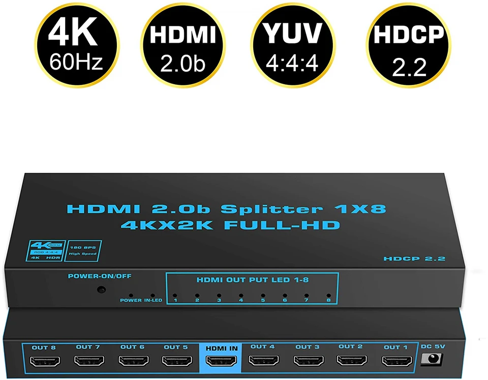 2024 1x8 4K UHD HDMI Splitter 2.0 1x2 HDMI 2.0 Splitter HDCP 2.2 HDR Splitter HD