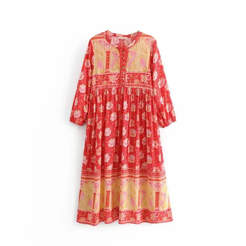 

Western Style 2019 Spring New Style WOMEN'S Dress Versitile Fashion Slimming Red Lilac Positioning Printed Long Sleeve Large Lon