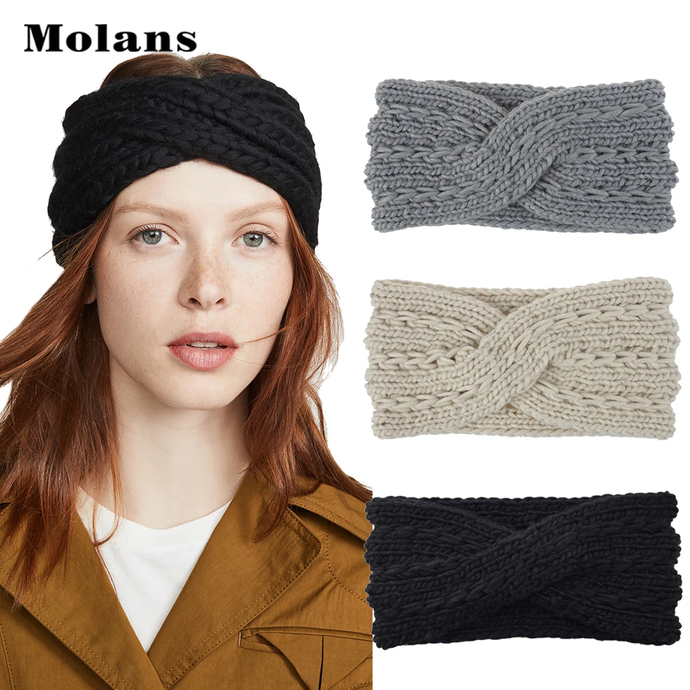 Вязаная повязка на голову Molans модная теплая зимняя плетеная эластичная для