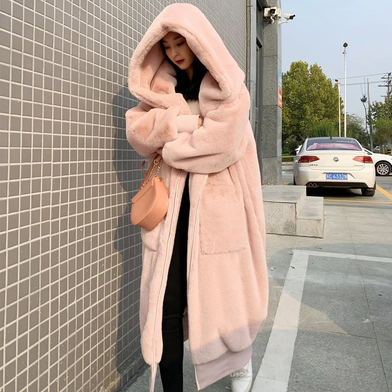 pink Зимняя теплая Толстая X-long куртка женская винтажная верхняя одежда на молнии для девушек свободного размера плюс верхняя одежда с капюшоном из искусственного меха уличная одежда - Цвет: pink