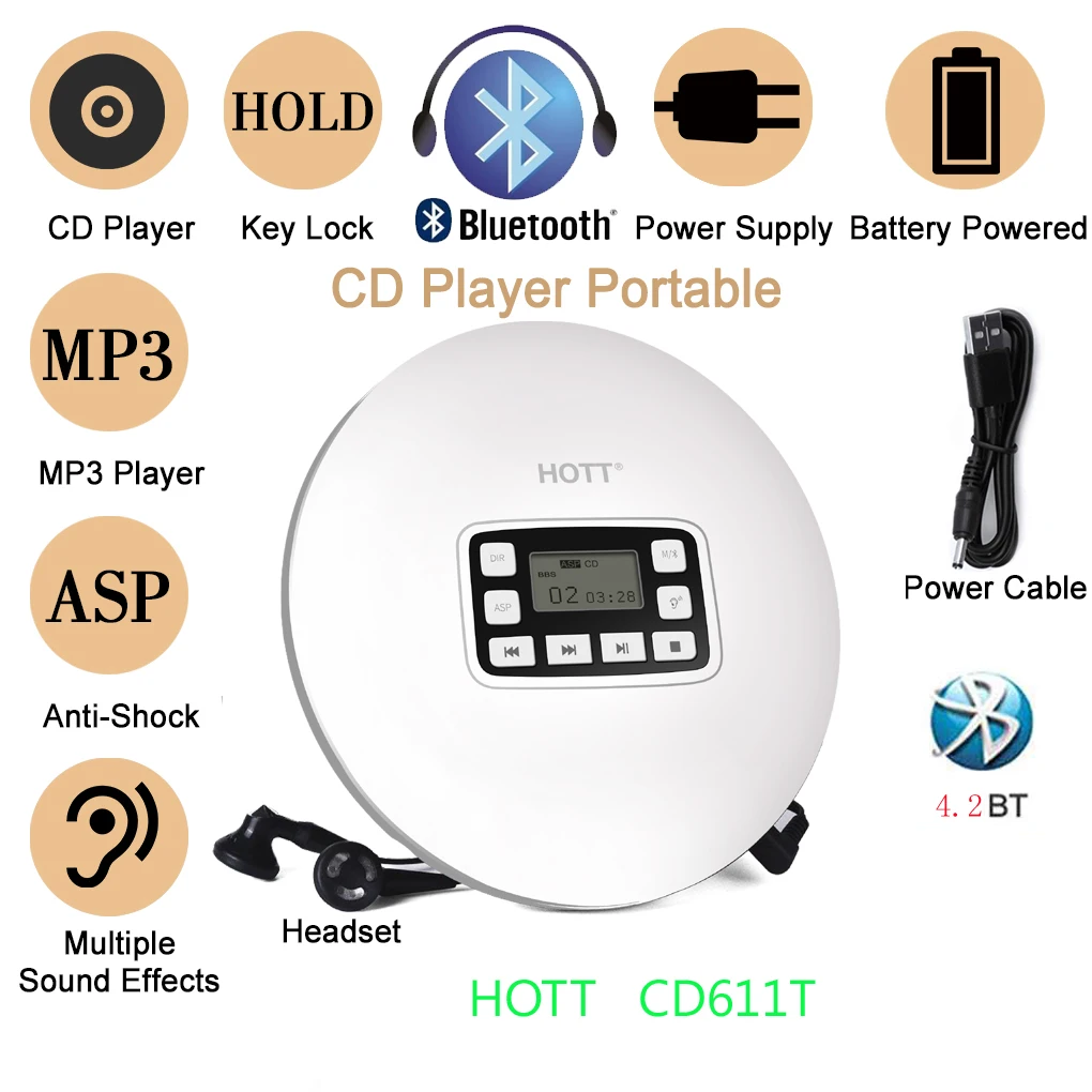 HOTT CD611T портативный Bluetooth CD плеер ЖК-дисплей анти-шок CD музыкальный автомобиль BT Музыка белый цвет