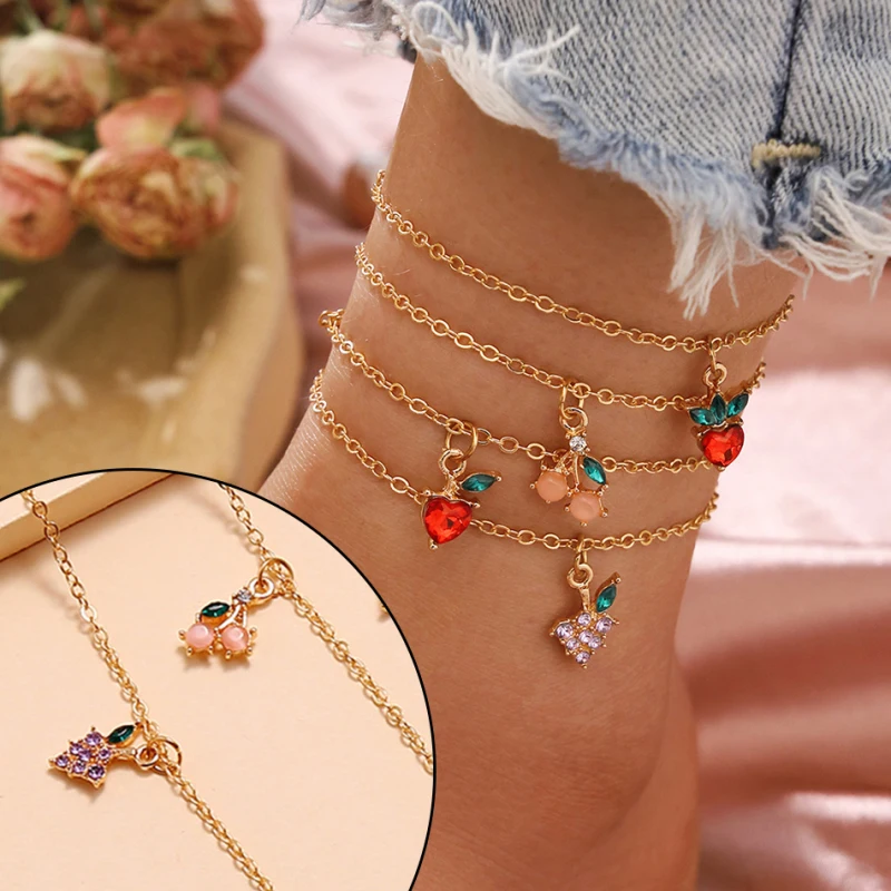 

TTLIFE 4Pcs/Set Sweet Crystal Fruit Anklet Set Fashion Apple Strawberry Cherry Grape Gem Gold Chain Anklet Bracelet Jewelry Gift