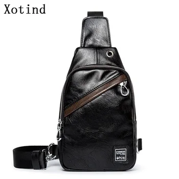 

Chest Bag For Men PU Leather Chest Pack USB Backbag With Headphone Hole Functional Travel Organizer Male Sling Waist Bags