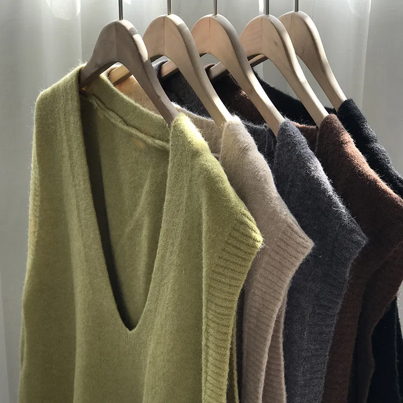 

Mooirue Spring Women Knitted Vest V Neck Green Khaki Brown Loose Vest Outwear Tops