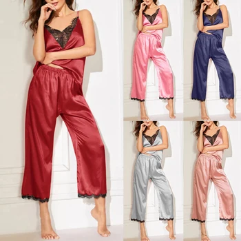 

Pyjamas Women Lace-Like Silk Pyjama Sleeveless Top And Full Length Pants Pyjama Suspender Sleepwear Short Sleeve Pajamas Women