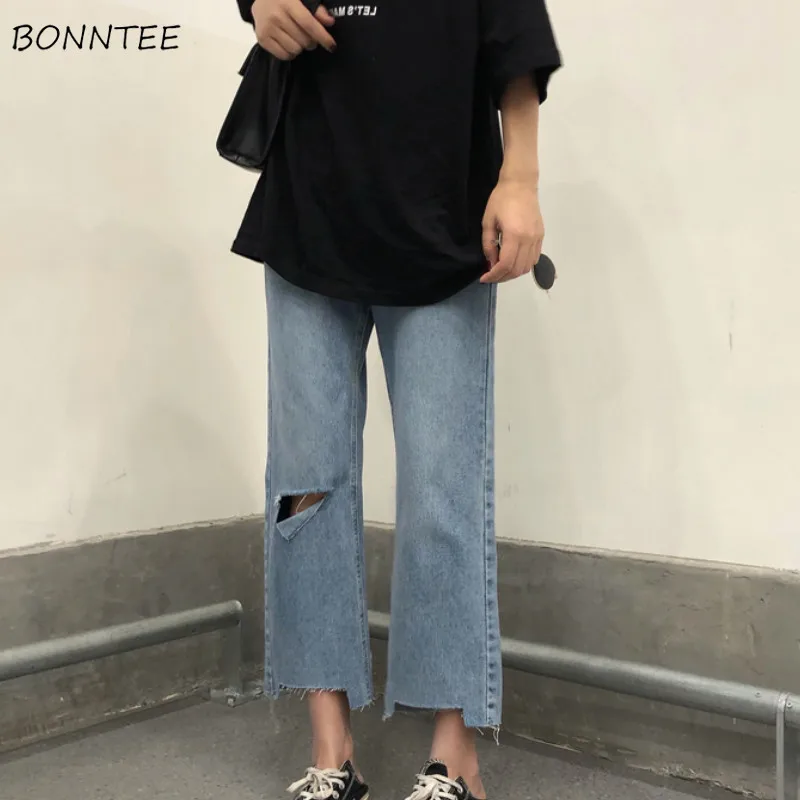 Jeans Women Hole Pockets Zipper Irregular Ankle-Length Loose Straight Denim High Waist Korean Style Chic Womens Streetwear Daily Jeans Women Hole Pockets Zipper Irregular Ankle-Length Loose Straight Denim High Waist Korean Style Chic Womens Streetwear Daily