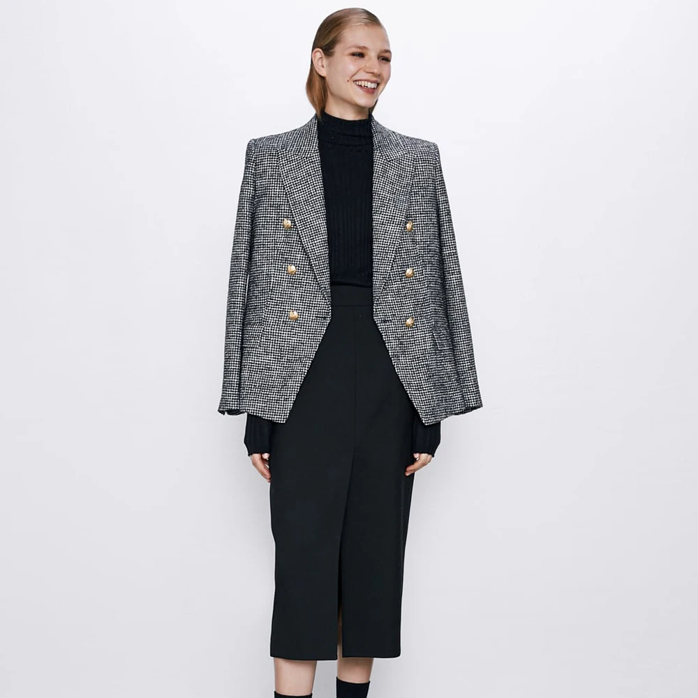 

ZA Handmade Luxury Wool Jacket for Women Vintage Double Breasted Houndstooth Woolen Suit Coat veste Outwear Cardigan Dropship