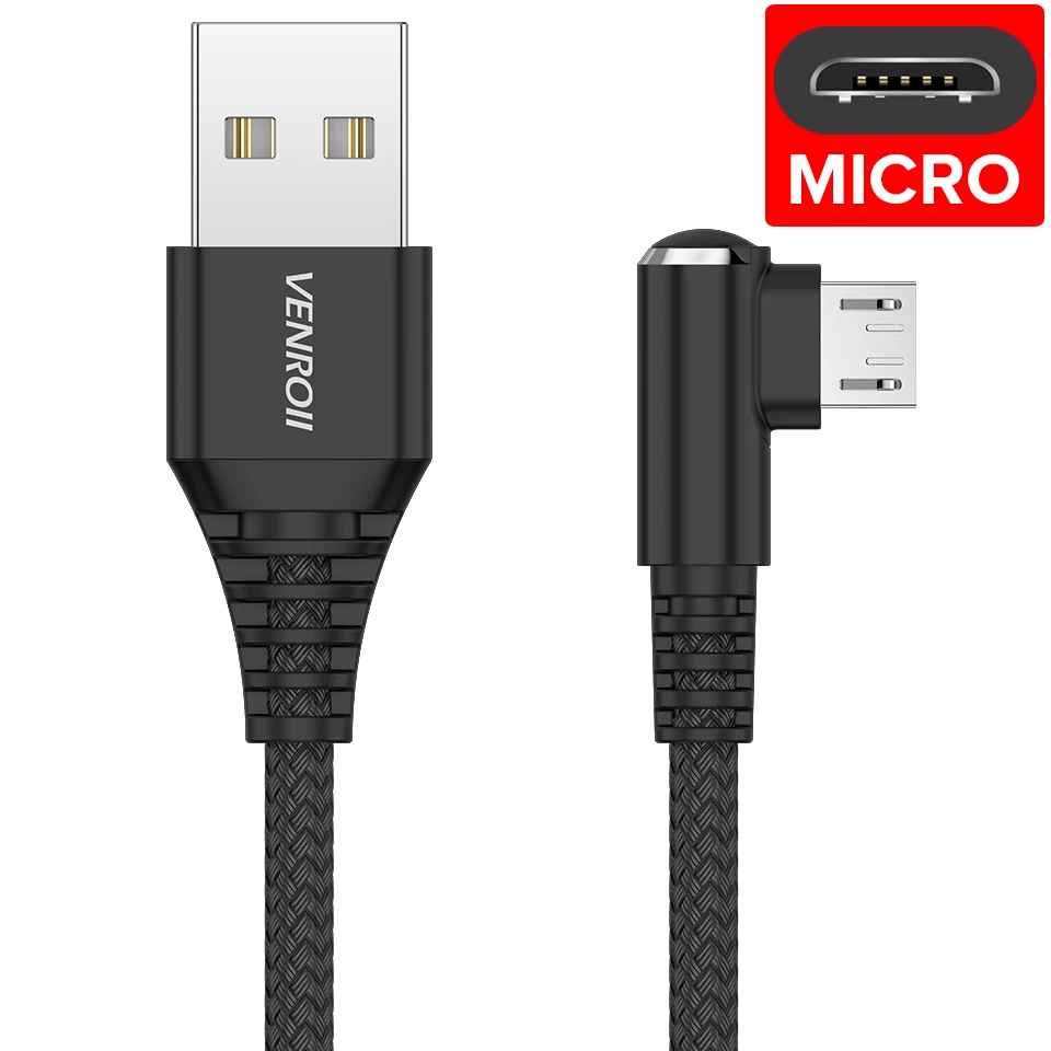 Venroii кабель Micro USB для быстрой зарядки 90 градусов игровой шнур провод для передачи данных для мобильного телефона для samsung Xiaomi Redmi Note 5 huawei Honor 8X - Цвет: Black