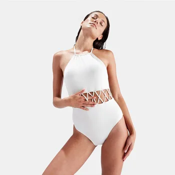 

Summer Hollow Bathing Suit Women Solid Halter High Cut Swimsuit Female One Piece Monokini Women Beach Wear Bodysuit Swimwear