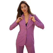 

Purple Pinstripe Blazer Suits Women 2 Pieces Slim Fit Two Button Evening Party Prom Office Lady Outfit Tuxedos Set(Jacket+Pants)