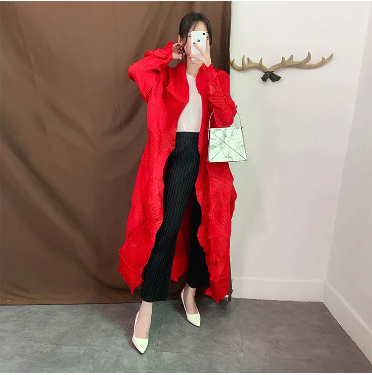 MIYAKE/верхняя одежда с оборками, рубашка, осеннее платье, плиссированный Тренч, свободный и большой размер, для девочек