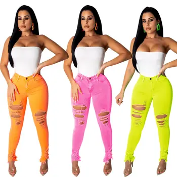 

Women casual trousers jeans hollow out pencil long pants Street wear fashion leggings plus size Ripped Black jeans plus size