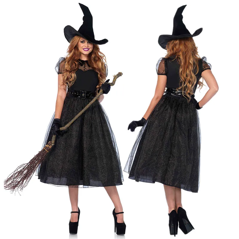 

Black Shining Witch Costume Adult Women Magic Moment Sorceress Costume Halloween Fancy Crape Dress