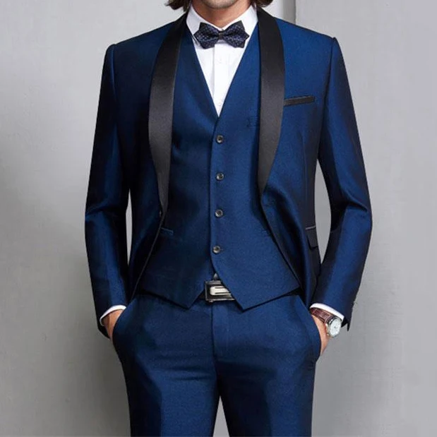 azul marino para hombre, blazer para de boda, chal negro, solapa, esmoquin ajustado, traje de novio, 3 piezas|Trajes| - AliExpress