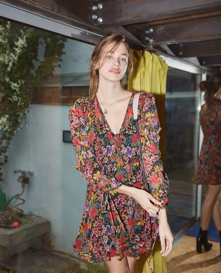 

2019 Spring And Summer Western Style WOMEN'S Dress Printed Long Sleeve V-neck Slimming Cuff Drawstring Lace Dress Women's