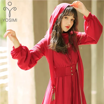

YOSIMI 2019 Chiffon Long Women Dress Red V-Neck Long Sleeve Vintage Empire Mid-calf Ladies Party Dress with Hooded Dress Elegant
