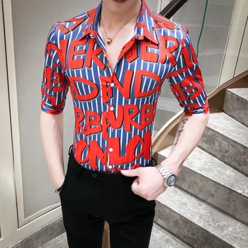 

High Quality Summer Print Shirt Men Fashion 2020 Slim Fit Men Striped Shirts Casual Half Sleeve Letter Work Shirt Man Streetwear