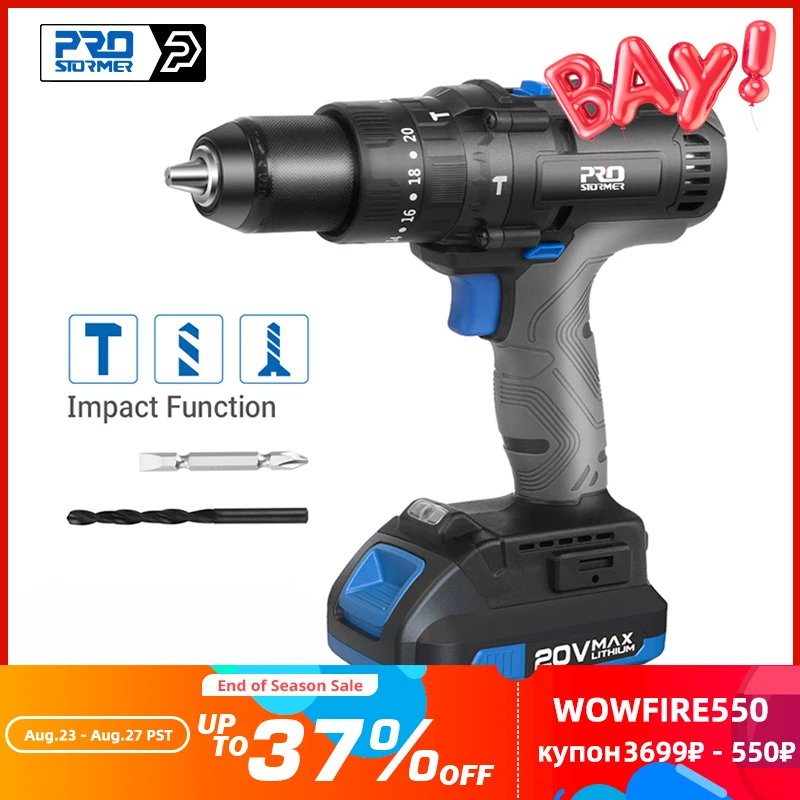 20V Cordless Electric Screwdriver 45NM Impact Electric Drill Screwdriver Machine Home DIY 2 Bits Power Tools By PROSTORMER