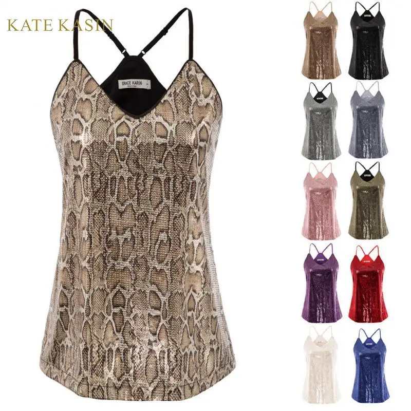 

Kate Kasin Women Sexy V-Neck Sequin Top Summer Sparkle Shimmer Camisole Spaghetti Straps Sequined Tank Tops Party Club Cami Vest