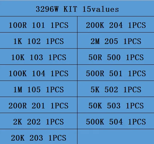 15valuesx1 шт = 15 шт 100ohm-2Mohm 0,5 Вт 3296 3296 Вт переменные резисторы многооборотный Подстроечный резистор регулируемый прецизионный потенциометр комплект