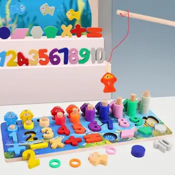

Children Wooden Math Fishing Counting Shape Matching Game Kits Cognitive Logarithmic Plate Toys Kid Learning Accessory